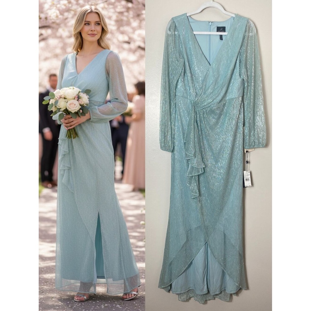 Adrianna Papell Metallic Mesh Gown 12 Mint Smoke Silver Wedding Guest Maxi Dress